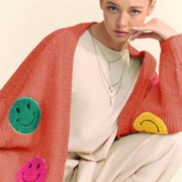Fuzzy Smile Open Front Long Sleeve Cardigan - Picture 5 of 6